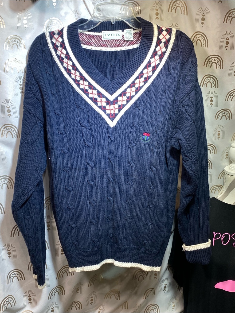 Izod Navy V-Neck Cable Knit Sweater with Red and White Argyle Trim